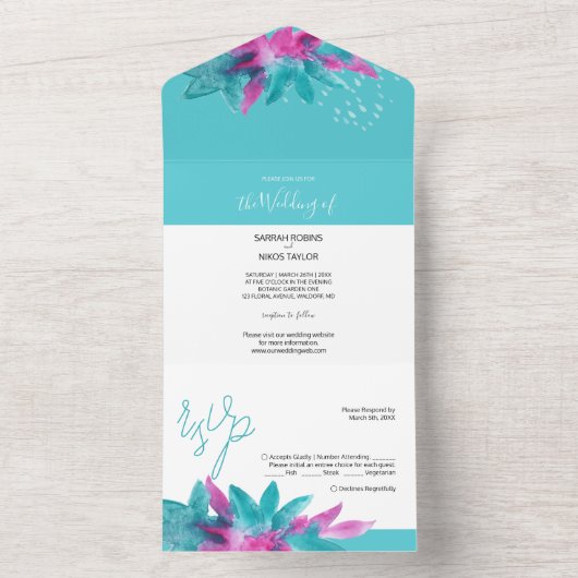 ターコイズピンク熱帯抽象芸術花 オールインワン招待状 (内側)