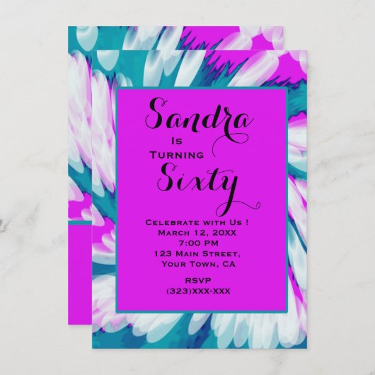 ターコイズピンク絞り染めスワール誕生日 招待状 (正面/裏面)