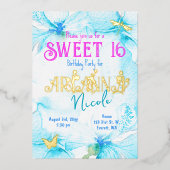 ターコイズピンク金ゴールド甘い16フローラ文字 箔招待状 (正面)