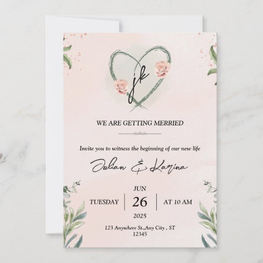 ターコイズピンク エレガント フラワー ウォーターカラー インビテーション (正面)