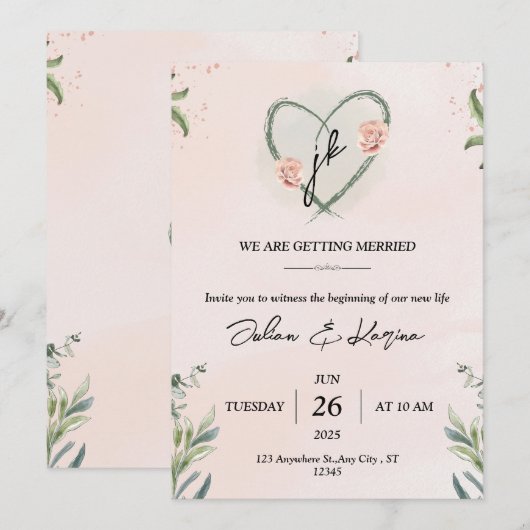 ターコイズピンク エレガント フラワー ウォーターカラー インビテーション (正面/裏面)