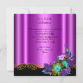 ターコイズピンク フラワー ブラック ゴールド バースデーパーティー 招待状 (裏面)