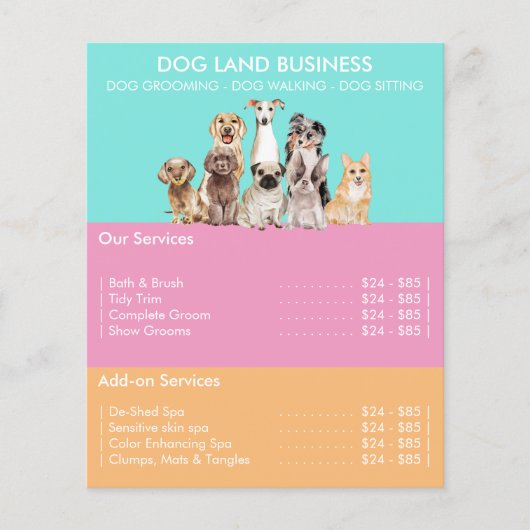 ターコイズピンク 犬のグルーミング料金表 チラシ (正面)