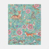 ターコイズファンタジー森林動物水彩フローラ フリースブランケット (正面)