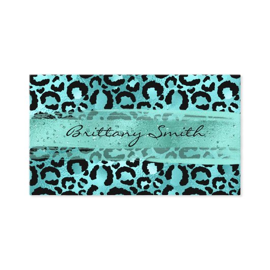 ターコイズフェイクティール（緑がかった色）ホイルレオパードアクアブラシストローク 名刺
