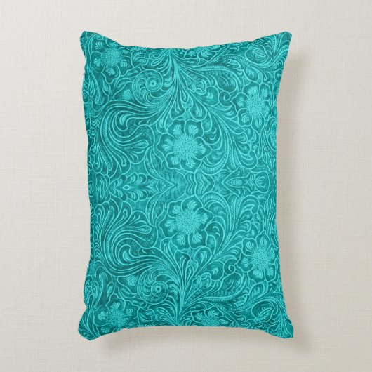 ターコイズフェイクレザーパターン – エンボスフローラ アクセントクッション (正面(垂直))