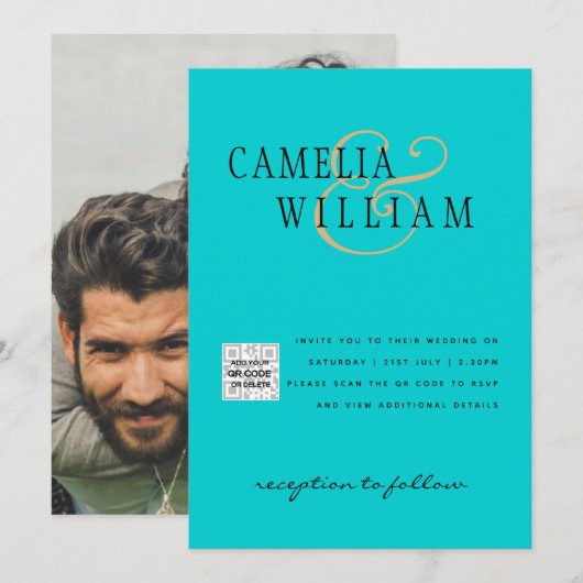 ターコイズフォトウェディング招待QRコード保存日 招待状 (正面/裏面)