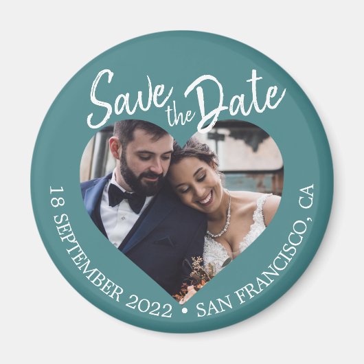 ターコイズフォト モダンスクリプト Save the Date マグネット (正面)