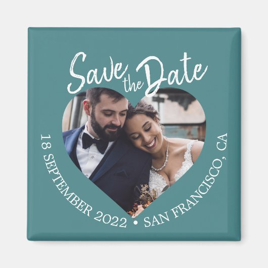 ターコイズフォト モダンスクリプト Save the Date マグネット (正面)