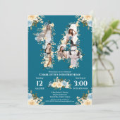 ターコイズフォト 14歳の誕生日 コラージュ イエローフラワー 招待状 (スタンド正面)