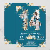 ターコイズフォト 14歳の誕生日 コラージュ イエローフラワー 招待状 (正面/裏面)