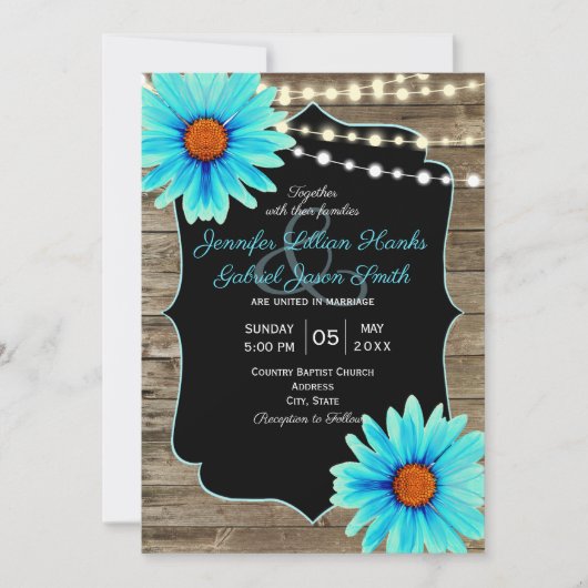 ターコイズフローラのライトの木製結婚の列 招待状 (正面)