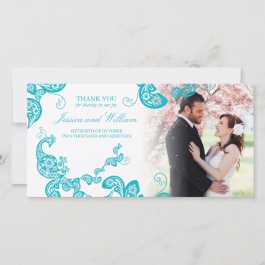 ターコイズフローラエレガントピーコ結婚ック サンキューカード (正面)