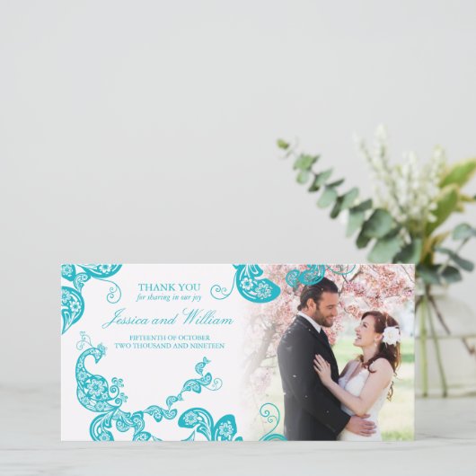 ターコイズフローラエレガントピーコ結婚ック サンキューカード (スタンド正面)