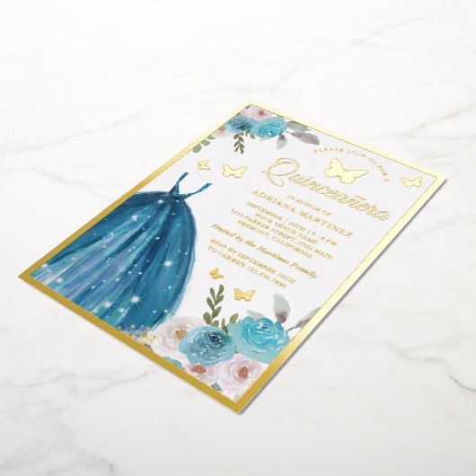 ターコイズフローラドレスバタフライキンセアニェラ金ゴールド 箔招待状 (回転した状態)