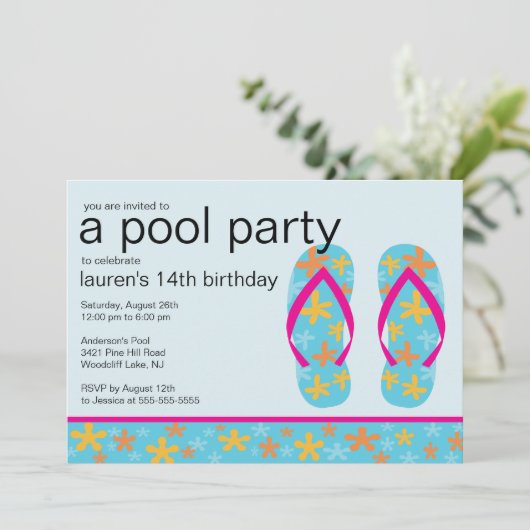 ターコイズフローラビーチサンダルプールパーティの招待状 招待状 (スタンド正面)