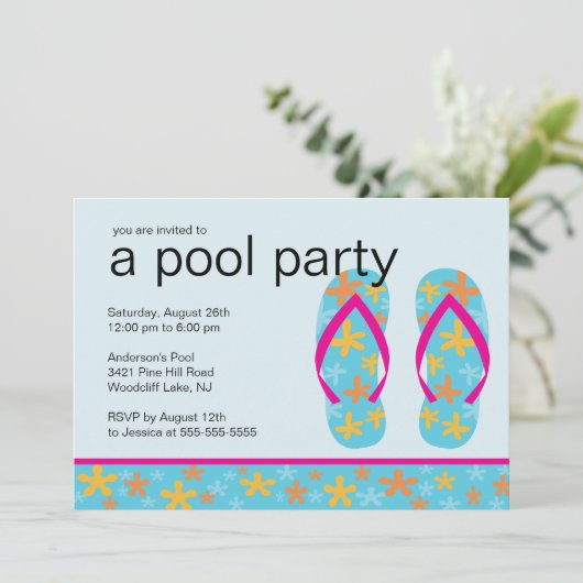 ターコイズフローラビーチサンダルプールパーティの招待状 招待状 (スタンド正面)