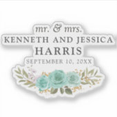 ターコイズフローラブルーバラ名結婚と日付 シール (正面)