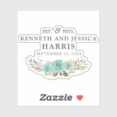 ターコイズフローラブルーバラ名結婚と日付 シール (シート)