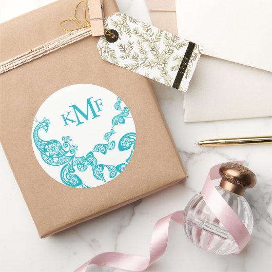 ターコイズフローラペイズリーピーコック結婚式の引き出物 ラウンドシール (ギフト)