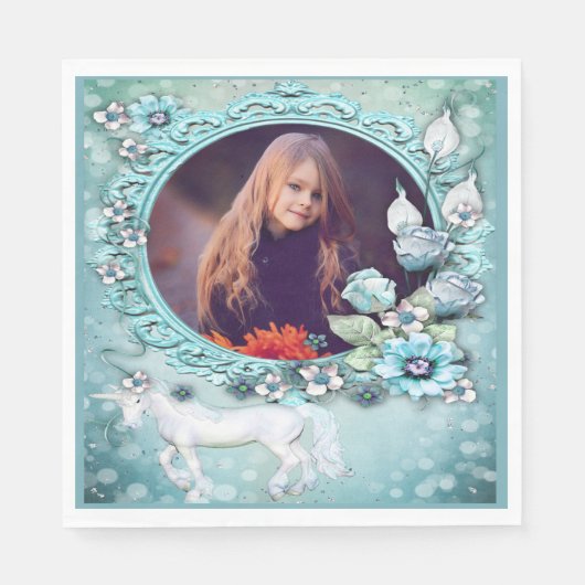 ターコイズフローラユニコーンフォト誕生日 スタンダードランチョンナプキン (正面)