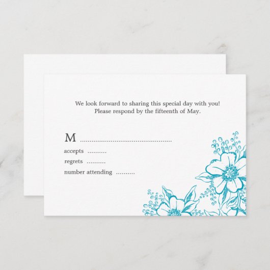 ターコイズフローラレタープレス結婚スタイル 出欠カード (正面/裏面)