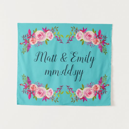 ターコイズフローラ結婚の背景フォトブースプロップ タペストリー (正面(横))