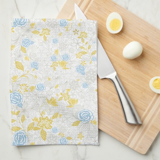 ターコイズフローラ花継ぎ目パターン キッチンタオル (四つ折り)