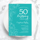 ターコイズフローラ50th誕生日パーティー 招待状<br><div class="desc">ターコイズフローラ50th誕生日パーティーの招待。ボタニカルモダンアウトラインスケッチのアクセントとタイポグラフィスクリプトフォントを特徴とするミニマルデザイン。トレンディーシンプル招待状カードは女性の日スタイリッシュお祝いに最適。任意のカスタマイズ年齢にすることができる。印刷されたZazzle招待状または即時ダウンロードのデジタル印刷可能なテンプレート。</div>