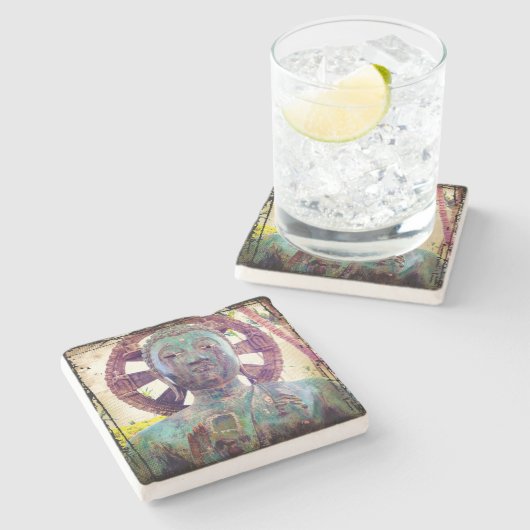 ターコイズブッダ頭部フォトアンティークトロピカルはっきりした ストーンコースター (横)