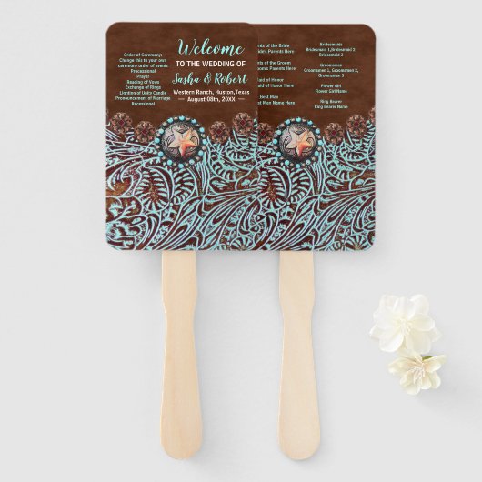 ターコイズブラウンウェスタンの田舎の結婚式プログラム ハンドファン (正面&裏面)