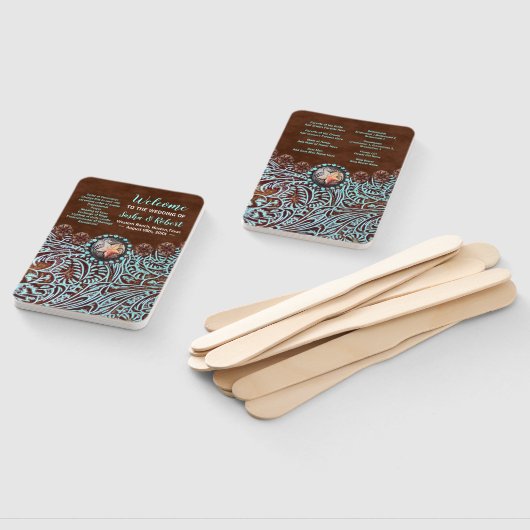 ターコイズブラウンウェスタンの田舎の結婚式プログラム ハンドファン (組立なし)