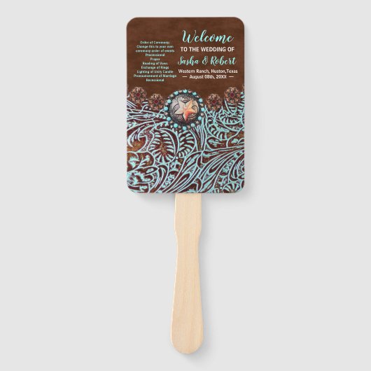 ターコイズブラウンウェスタンの田舎の結婚式プログラム ハンドファン (正面)