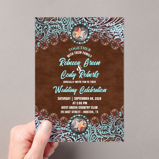 ターコイズブラウンカウボーイカントリーウェスタン結婚ズ アクリル招待状 (インサイチュ (ポータブル))