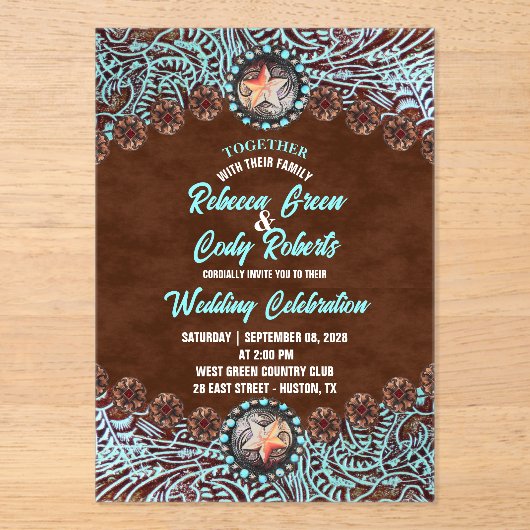 ターコイズブラウンカウボーイカントリーウェスタン結婚ズ アクリル招待状 (正面)