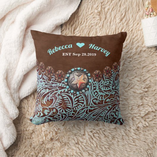 ターコイズブラウンカウボーイカントリー結婚ウエスタン クッション (ブランケット)