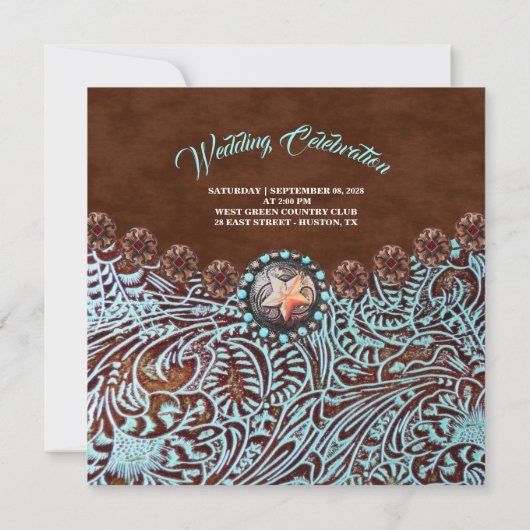 ターコイズブラウンカウボーイカントリー結婚ウエスタン 招待状 (裏面)