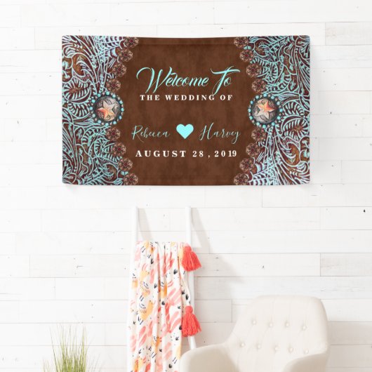 ターコイズブラウンカウボーイカントリー結婚ウエスタン 横断幕 (インサイチュ)