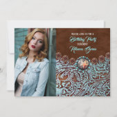 ターコイズブラウンカントリー西部の誕生日パーティー 招待状 (正面)