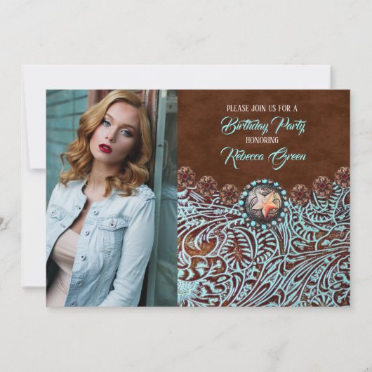 ターコイズブラウンカントリー西部の誕生日パーティー 招待状 (正面)