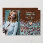 ターコイズブラウンカントリー西部の誕生日パーティー 招待状 (正面/裏面)