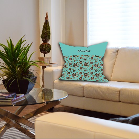 ターコイズブラウンフローラルパターンコテージコア名 クッション