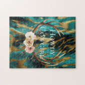 ターコイズブラウン金ゴールドコウィドディアー〔雄ジカの〕枝角フローラ ジグソーパズル (横)