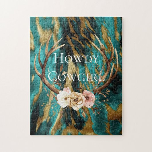 ターコイズブラウン金ゴールドコウィドディアー〔雄ジカの〕枝角フローラ ジグソーパズル (縦)