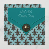 ターコイズブラウン フルール ド リス 40歳の誕生日パーティー 招待状 (正面/裏面)