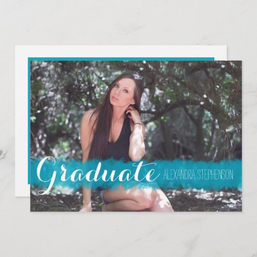 ターコイズブラシストローク卒業パーティーの写真 招待状 (正面/裏面)
