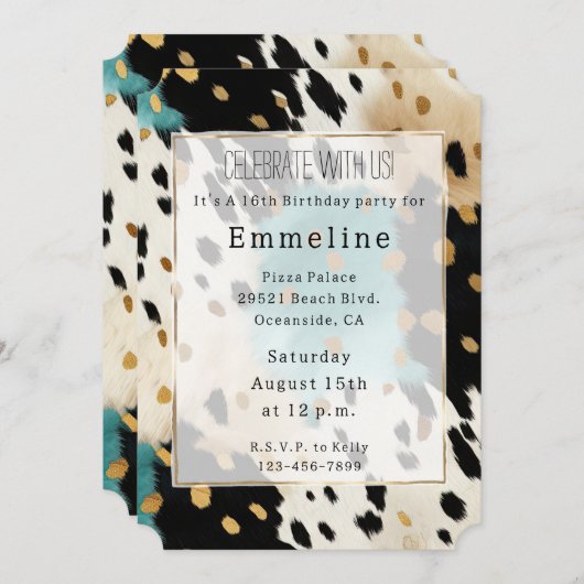 ターコイズブラッククリーム金ゴールドウエスタン女性のカーボーイコウィド 招待状 (正面/裏面)