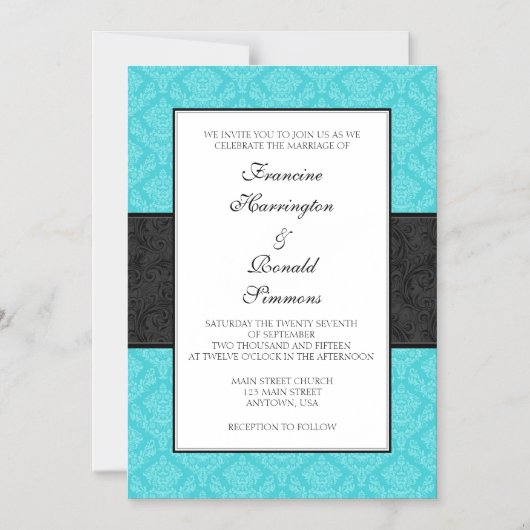 ターコイズブラックダマスク磁気結婚式の誘い マグネット招待状 (正面)