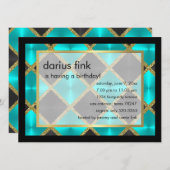 ターコイズブラック金ゴールド誕生日パーティーの招待 招待状 (正面/裏面)