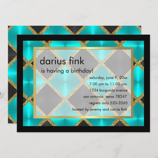 ターコイズブラック金ゴールド誕生日パーティーの招待 招待状 (正面/裏面)